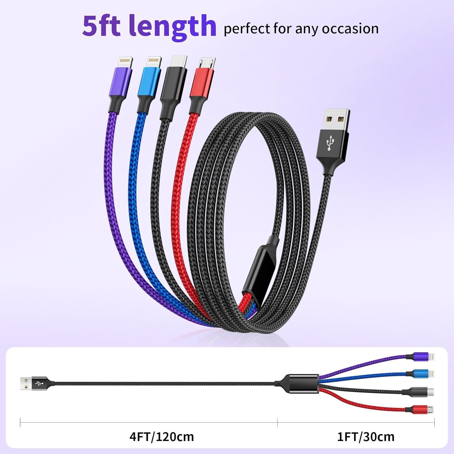 Dual IP 4 in 1 Multi Charging Cable [1Pack 5FT], Nylon 4 in 1 Charging Cable, Multi Chargers for All Devices with IP/IP/Type C/Micro Port, Compatible with Most Cell Phones/Tablets and More - Image 6