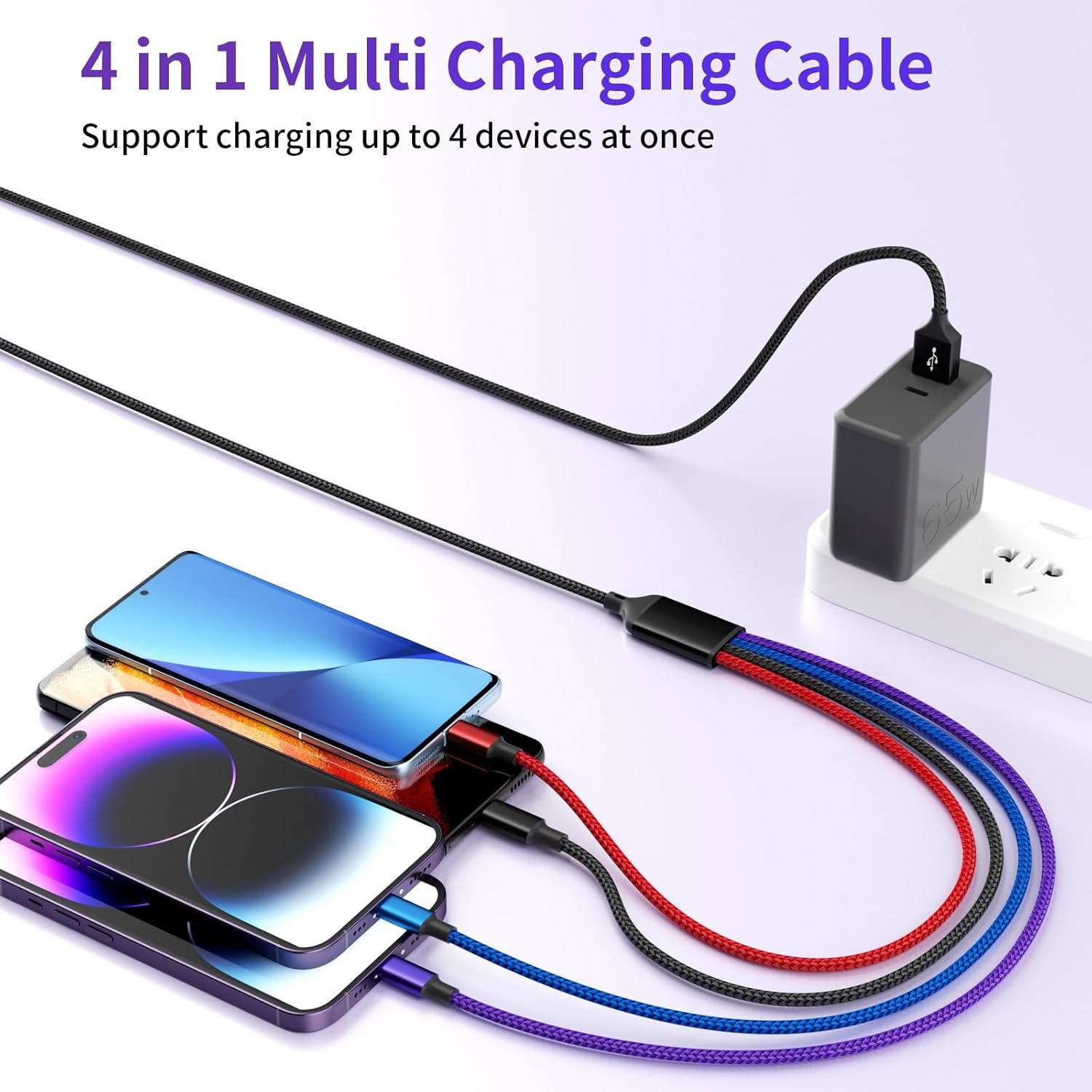 Dual IP 4 in 1 Multi Charging Cable [1Pack 5FT], Nylon 4 in 1 Charging Cable, Multi Chargers for All Devices with IP/IP/Type C/Micro Port, Compatible with Most Cell Phones/Tablets and More - Image 7