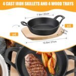 Sliner 4 Sets Mini Cast Iron Skillet Small Cast Iron Plates Skillet with Wooden Base Small Round Pan Fajita Plate Pot for Baking Cooking(7.9 Inches) - Image 3