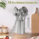 Stainless Steel Kitchen Utensils Set - 12pcs Cooking Utensils Set with Holder, Heat Resistant Kitchen Tool Set for Cooking with Turners, Potato Masher, Spatula, Spoons, Tongs, Whisk - Image 7