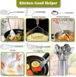 Stainless Steel Kitchen Utensils Set - 12pcs Cooking Utensils Set with Holder, Heat Resistant Kitchen Tool Set for Cooking with Turners, Potato Masher, Spatula, Spoons, Tongs, Whisk - Image 9