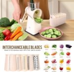 Rotary Cheese Grater with 5 Well-designed Blades & Strong Suction Base, Kitchen Mandoline Vegetable Slicer with Blade Storage Box(Off-white) - Image 3
