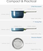 Ceramic Non Stick Cookware Set, 2.5QT Saucepan, 7" Egg Omelette Pan & 18/10 Stainless Steel Steamer, Induction Ready Frying & Sauce Pan Set, PTFE, PFOA & PFAS Free, Mix Blue - Image 3