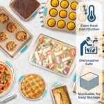 Perlli Baking Kit: Nonstick Gold Steel Oven Set - 10 Pieces, Cookie Sheets, Cake Pans, 9x13Pan with Lid, Loaf & Deep Pans, Pizza Crisper, Muffin Pan - Silicone Handles - Image 4