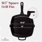 Cuisinel Cast Iron Square Grill Pan + Glass Lid + Pan Scraper + Handle Cover - 10.5" Pre-Seasoned Ridged Skillet - Grill, Stovetop, Fire, Indoor/Outdoor Use - for Grilling, Frying, Sauteing - Image 4