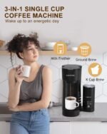 3IN1 Single Serve Coffee Maker with Milk Frother, Small Coffee Machine for K Cup & Ground, 6-14oz Brew Size, 28oz Water Tank, Adjustable Drip Tray - Image 4