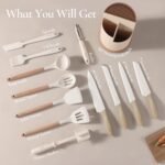 CAROTE 13Pcs Kitchen Utensils Set with 360 Rotating Knife Block, Heat Resistant Cooking Utensils Set with Wooden Handle, Kitchen Knife Sets with Nonstick Ceramic Surface, Cream White - Image 3