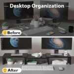 BONTEC Dual Monitor Stand Riser with Smartphone Holder, Adjustable Length & Swivel Angle, Ergonomic Wooden Desktop Organizer for PC Monitor, Laptop, Printer, Large Storage, Black - Image 3