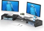 BONTEC Dual Monitor Stand Riser with Smartphone Holder, Adjustable Length & Swivel Angle, Ergonomic Wooden Desktop Organizer for PC Monitor, Laptop, Printer, Large Storage, Black - Image 5