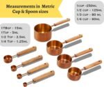 Copper Stainless Steel Measuring Cups and Spoons Set of 8, Wooden Handle with US Measurements, Metric Cups and Spoons for cooking and baking - Image 3