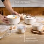 KooK Serving Bowls, with Lids, Ceramic Nesting Bowls, Set of 4, Embossed, Kitchen, Prep, Stackable, Gift, Microwave and Dishwasher Safe, 10/16/29/47 oz, Narbonne Collection (Ivory) - Image 3