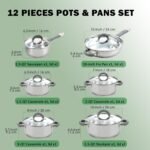 Cook N Home Kitchen Cookware Set, 12-Piece Basics Stainless Steel Pots and Pans Set with Gray Silicone Handle, Silver - Image 3