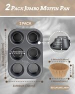 2 Pack Jumbo Muffin Pan for Baking, Extra Large Cupcake Pan includes 50 Natural Jumbo Cupcake Liners, Muffin Tin Nonstick 6 Cup, Baking Pans Set, Carbon Steel Baking Supplies - Image 4
