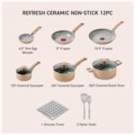 T-Fal Refresh Ceramic Nonstick Cookware Set, 12-Piece, Oven Safe to 350°F, Includes Stockpot, Griddle, Frying Pans, Utensils, Ceramic Pots and Pans Set, Sand Beige - Image 3