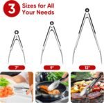 Stainless Steel Tongs Set, Food Grade Stainless Steel Kitchen Tongs, Heat Resistant 600 Degrees, for Cooking, BBQ Barbecue, Grilling, Buffet, Serving (7"+9"+12") - Image 4