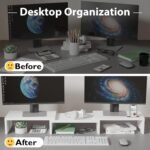 BONTEC Dual Monitor Stand Riser with Smartphone Holder, Adjustable Length & Swivel Angle, Ergonomic Wooden Desktop Organizer for PC Monitor, Laptop, Printer, Large Storage, White - Image 3
