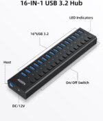 AGEEN 16-Port USB 3.2 Gen 2 Hub, 10Gbps High-Speed Aluminum Powered Hub with 96W Adapter, Individual Switches & Surge Protection for PC/Laptop, Flash Drive, Printer, Camera - Image 3