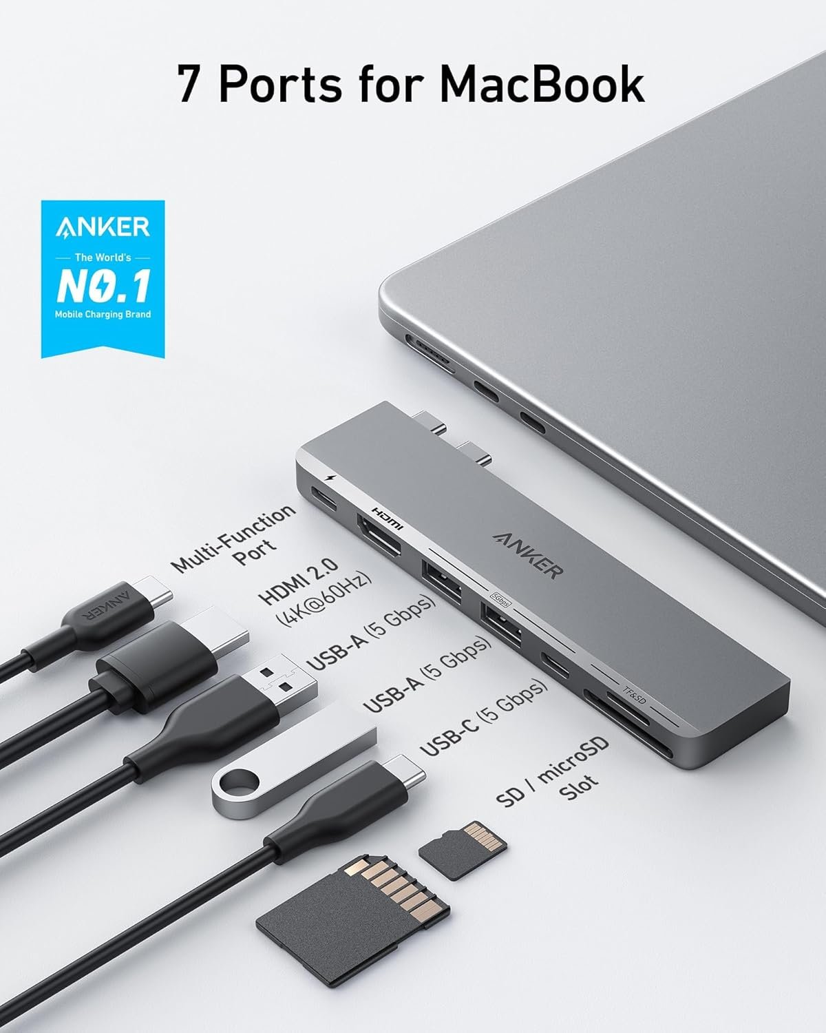 Anker USB C Hub for MacBook, 7-in-2 with 4K@60Hz HDMI, Compatible with Thunderbolt 4, 1 Type C and 2 USB A Data Ports for MacBookPro 13 Inch, MacBookAir M1 / M2, and More - Image 3