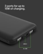 Belkin Portable Charger - 15W 3 Port Power Bank Battery Pack with 10000mAh Battery - Fast Charging for iPhone, Samsung Phone, More - USB C to A Cable Included - Image 6