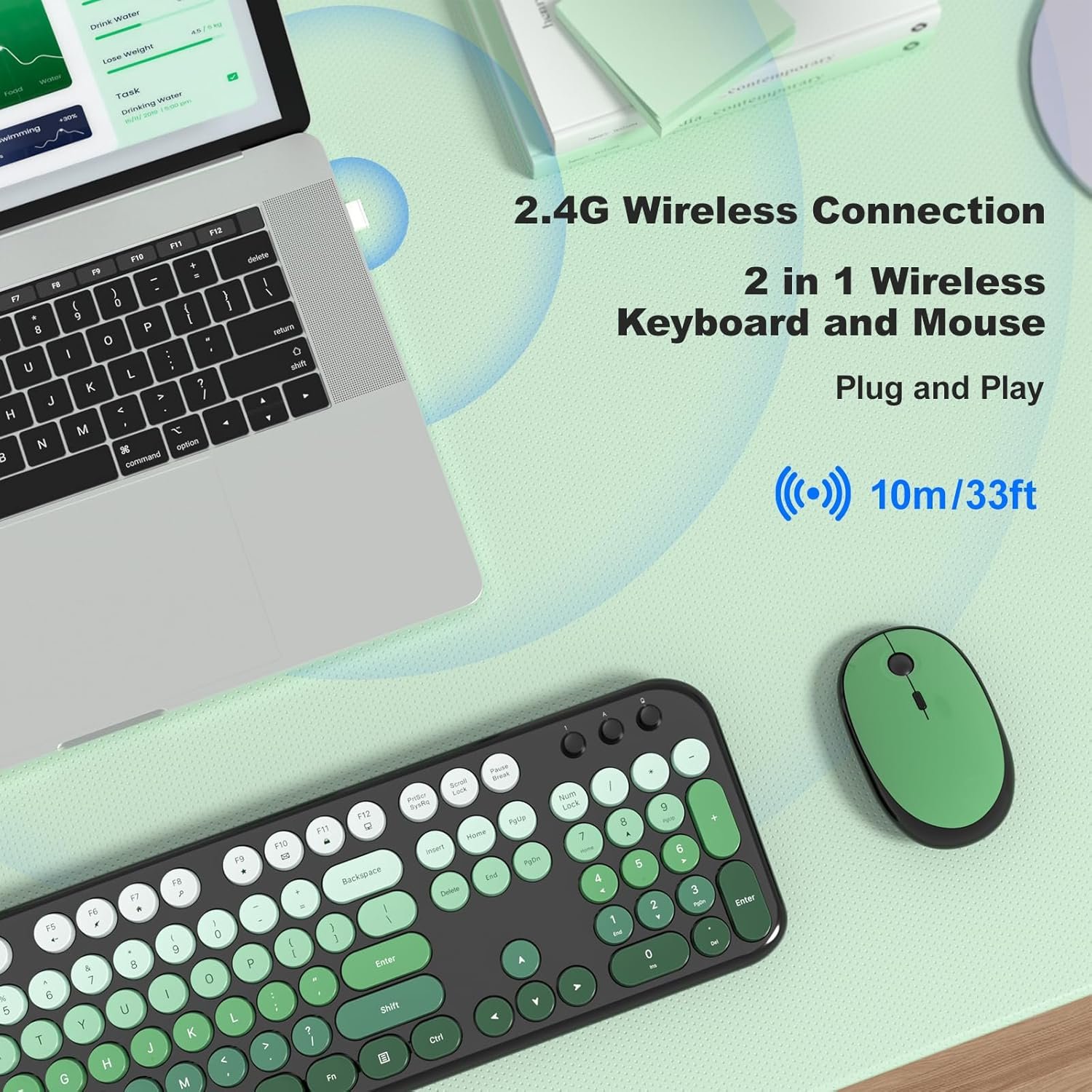 MOFII Wireless Keyboard and Mouse Combo, 2.4GHz Retro Typewriter Keyboard Full Size, Quiet Click Mouse, USB Receiver Plug and Play, for PC, Laptop, Desktop, Windows (Black Green Gradient) - Image 3