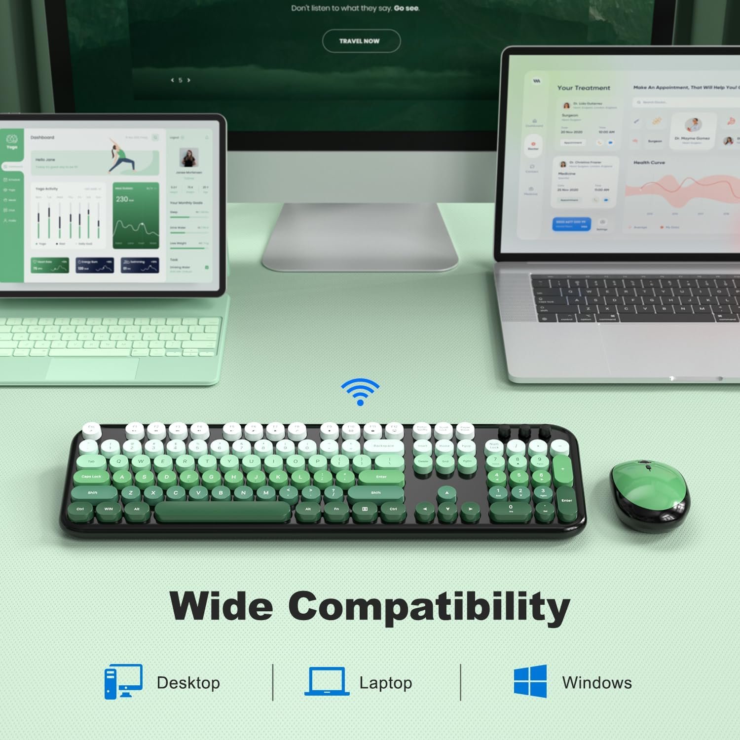MOFII Wireless Keyboard and Mouse Combo, 2.4GHz Retro Typewriter Keyboard Full Size, Quiet Click Mouse, USB Receiver Plug and Play, for PC, Laptop, Desktop, Windows (Black Green Gradient) - Image 4
