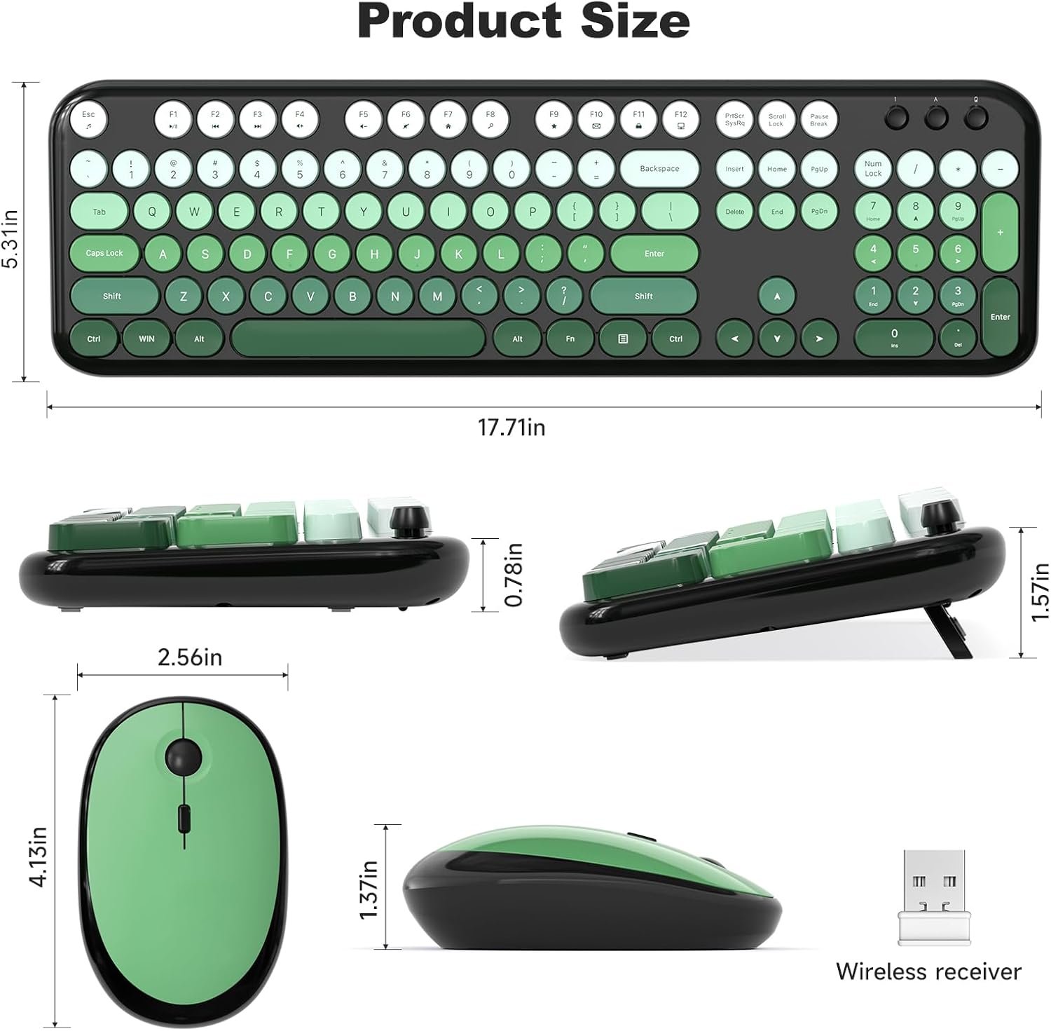 MOFII Wireless Keyboard and Mouse Combo, 2.4GHz Retro Typewriter Keyboard Full Size, Quiet Click Mouse, USB Receiver Plug and Play, for PC, Laptop, Desktop, Windows (Black Green Gradient) - Image 7