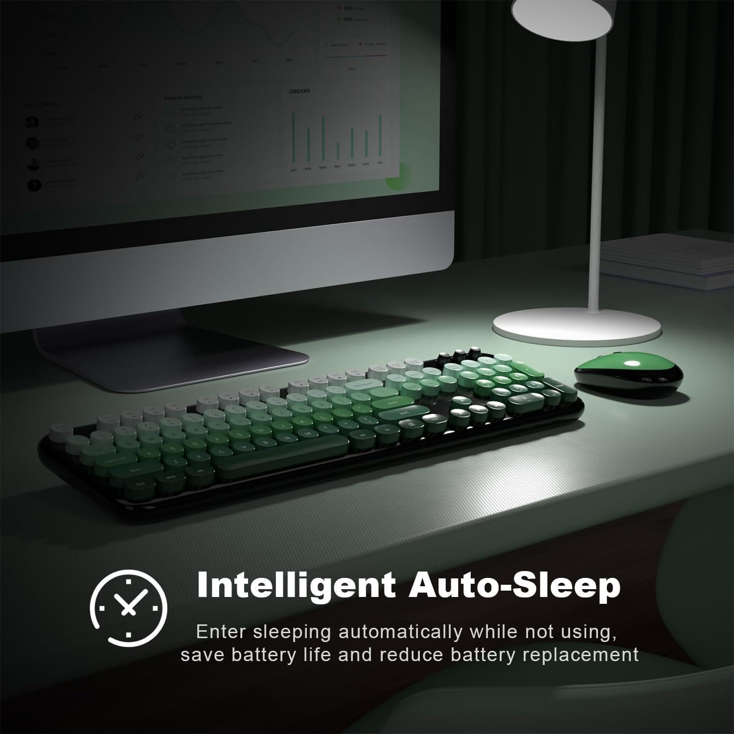 MOFII Wireless Keyboard and Mouse Combo, 2.4GHz Retro Typewriter Keyboard Full Size, Quiet Click Mouse, USB Receiver Plug and Play, for PC, Laptop, Desktop, Windows (Black Green Gradient) - Image 8
