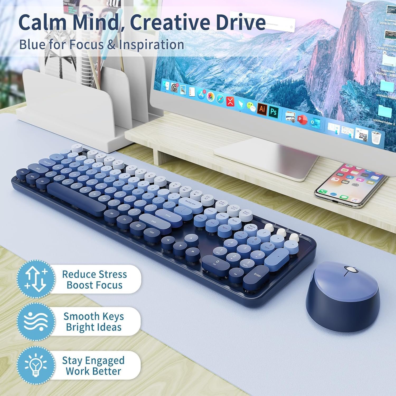 Wireless Keyboard and Mouse Combo, Retro Typewriter Keyboard with Round Keycaps, Full-Size Ergonomic, Blue, Ideal for Windows PC, Home, Office, and College, Wireless Keyboard Mouse Combo - Image 3