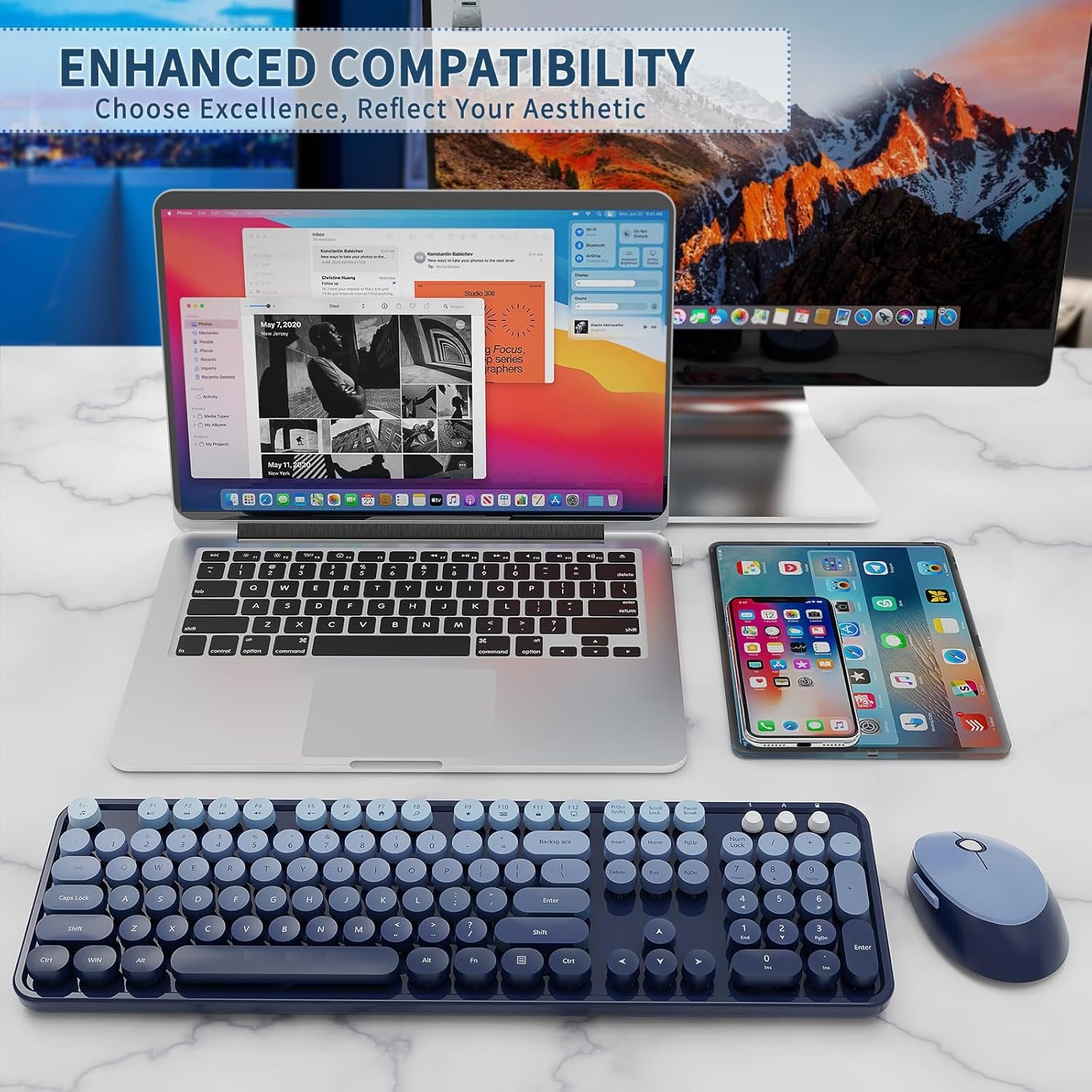 Wireless Keyboard and Mouse Combo, Retro Typewriter Keyboard with Round Keycaps, Full-Size Ergonomic, Blue, Ideal for Windows PC, Home, Office, and College, Wireless Keyboard Mouse Combo - Image 4
