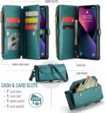 Wallet Case Compatible with iPhone 13 RFID Blocking 7-Card Holder Soft PU Leather Magnetic Snap Shoulder Strap Zipper Pocket Phone Case Fit for iPhone 13 for Women 6.1" - Blue Green - Image 3