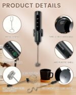 Rechargeable Electric Milk Frother Handheld, 3-Speed Drink Mixer with Detachable Stainless Steel Whisk for Coffee, Matcha, Latte, Cappuccino, and Protein Shakes, Black - Image 3