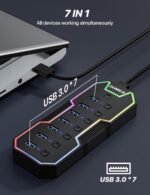 ZIUMIER USB 3.0 Hub,7 Ports USB Expander with RGB LED Strip,USB Hub for Laptop,Individual LED On/Off Switches for Mac, PC, Desktop, Flash Drive, Mobile HDD - Image 5