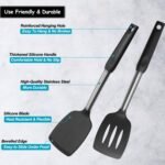 Silicone Spatula and Cooking Spoon,5 Pack Non-Stick Cooking Utensils for Kitchen，Heat Resistant Solid & Slotted Spoons and Spatulas, Stainless Steel Handle Coated with Silicone,Black - Image 4