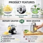Manual Rotary Cheese Grater for Kitchen, Vegetable Slicer, 3-in-1 Hand Crank Food Shredder for Cheese, Vegetables & Nuts, Stainless Steel Blades, Strong Suction Base, BPA-Free - Image 7