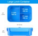 Caperci Classic Bento Lunch Box for Adult & Older Kids - Leakpoof 47 oz 3-Compartment Lunch Containers for Adults and Teens, Built-in Utensil Set, Ideal for On-the-Go, Blue - Image 3