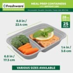 Freshware Meal Prep Containers [25 Pack] 2 Compartment with Lids, Food Storage Containers, Bento Box, BPA Free, Stackable, Microwave/Dishwasher/Freezer Safe (28 oz) Grey - Image 5