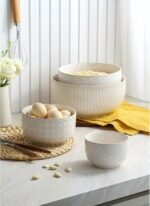 Mikiegy Ceramic Mixing Bowls Set of 4, Nesting Ceramic Embossment Stoneware Mixing Bowls for Cooking, Serving, Popcorn, Salad etc, Microwave & Dishwasher Safe, 20/44/98/145 oz, Off-White - Image 3