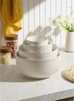 Mikiegy Ceramic Mixing Bowls Set of 4, Nesting Ceramic Embossment Stoneware Mixing Bowls for Cooking, Serving, Popcorn, Salad etc, Microwave & Dishwasher Safe, 20/44/98/145 oz, Off-White - Image 4