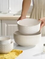 Mikiegy Ceramic Mixing Bowls Set of 4, Nesting Ceramic Embossment Stoneware Mixing Bowls for Cooking, Serving, Popcorn, Salad etc, Microwave & Dishwasher Safe, 20/44/98/145 oz, Off-White - Image 6