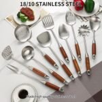 Stainless Steel Kitchen Utensils Set with Wood Handle, 18/10 Metal Cooking Utensils Set, 10 Piece - Spatula, Spoon, Ladle, Skimmer, Slotted Turners, Pasta,Turner, Ladl, Fork - Image 4