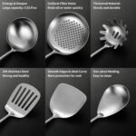 Stainless Steel Kitchen Utensils Set with Wood Handle, 18/10 Metal Cooking Utensils Set, 10 Piece - Spatula, Spoon, Ladle, Skimmer, Slotted Turners, Pasta,Turner, Ladl, Fork - Image 5