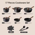 SENSARTE Nonstick Pots and Pans Set 17pcs, Healthy Induction Cookware Set, Kitchen Cooking Set with Skillets & Saucepans, Stay-cool Handles, Dishwasher Safe, PFOA PFOS Free, Matte Black - Image 3