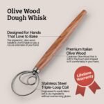 Danish Dough Whisk with Italian Olive Wood Handle, Stainless Steel Triple-Loop Coil, Ergonomic Baking Tool for Thick Dough and Batter - Image 3