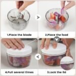 Manual Food Processor & Vegetable Chopper Grey - 2.3 Cup Mini Hand-Pull Cord Kitchen Chopper for Onion, Garlic, Vegetables with 3 Stainless Steel Blades - Image 4