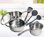 Stainless Steel Saucepan Glass Lid Casting Steel handle Induction Impact Bonded 8 PCS Set Steamer - Image 3