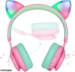 Riwbox CT-7 Cat Ear Bluetooth Headphones, LED Light Up Bluetooth Wireless Over Ear Headphones with Microphone and Volume Control for Travel/School/Smartphones/Laptop/PC/TV (Pink&Green) - Image 3