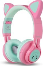 Riwbox CT-7 Cat Ear Bluetooth Headphones, LED Light Up Bluetooth Wireless Over Ear Headphones with Microphone and Volume Control for Travel/School/Smartphones/Laptop/PC/TV (Pink&Green) - Image 4