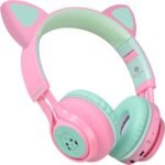 Riwbox CT-7 Cat Ear Bluetooth Headphones, LED Light Up Bluetooth Wireless Over Ear Headphones with Microphone and Volume Control for Travel/School/Smartphones/Laptop/PC/TV (Pink&Green) - Image 5
