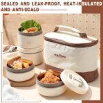 Dandat 4 Pcs Insulated Bento Box Portable Stainless Steel Food Container Round Stackable Leakproof Thermal Food Container for Adult Men Women with Insulated Bag, 74 oz(Beige) - Image 3