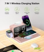 Acer 7-in-1 Wireless Charging Station with LED Clock - 30W Fast Wireless Charger for iPhone 16/15/14/13/12/Pro Max, Apple Watch, AirPods - Bluetooth Auto Time Sync & Night Lights (Pink) - Image 3